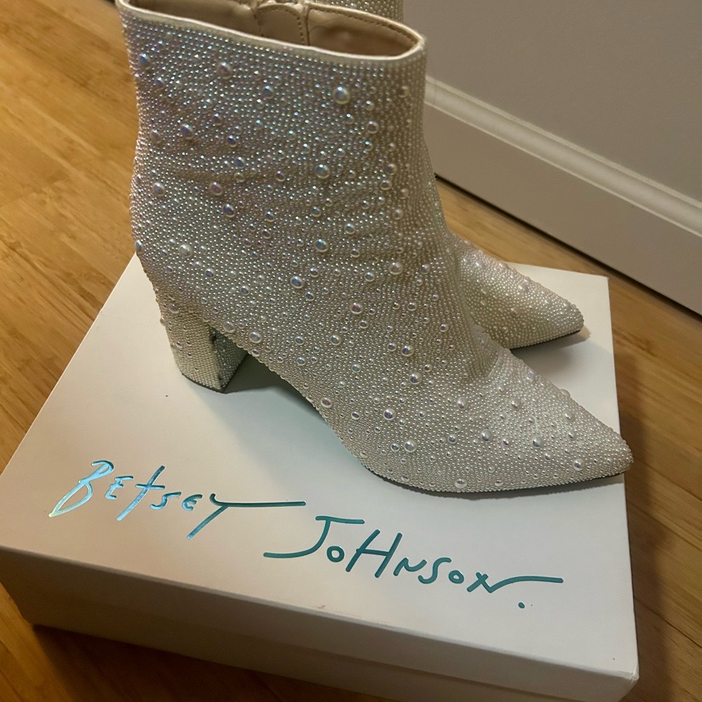 Betsey Johnson Pearl-Embellished Cady Heeled Boots